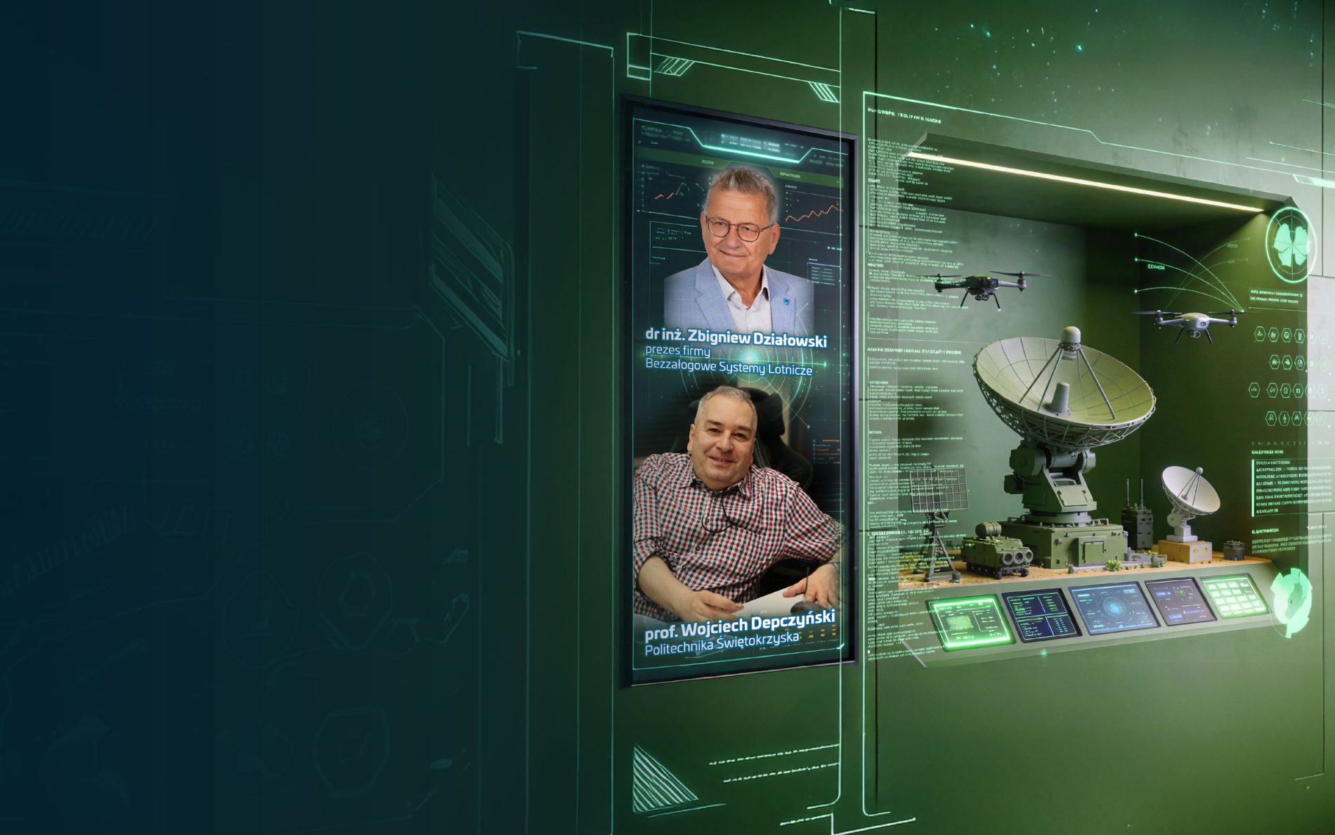 Nowoczesny baner promocyjny z grafiką przedstawiającą cyfrowe technologie oraz logotypami Politechniki Świętokrzyskiej i Galerii Echo