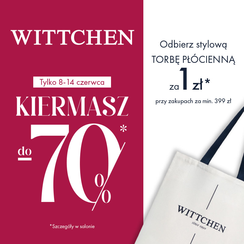 Grafika reklamowa marki Wittchen jest podzielona pionowo na bordową i białą część, informując o letnim kiermaszu z rabatami do minus 70 procent w dniach 8–14 czerwca. Po prawej stronie widnieje zaproszenie do odebrania stylowej torby płóciennej za 1 zł przy zakupach za minimum 399 złotych, a w dolnym rogu pokazano fragment tej białej torby z logo firmy.