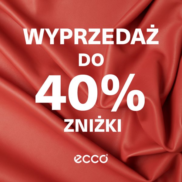 Grafika reklamowa ma minimalistyczny styl z jasnym, białym tekstem informującym o zniżkach sięgających do 40%. Całość napisu oraz logo Ecco zostały wyeksponowane na tle miękko układającej się skóry w kolorze głębokiej czerwieni.