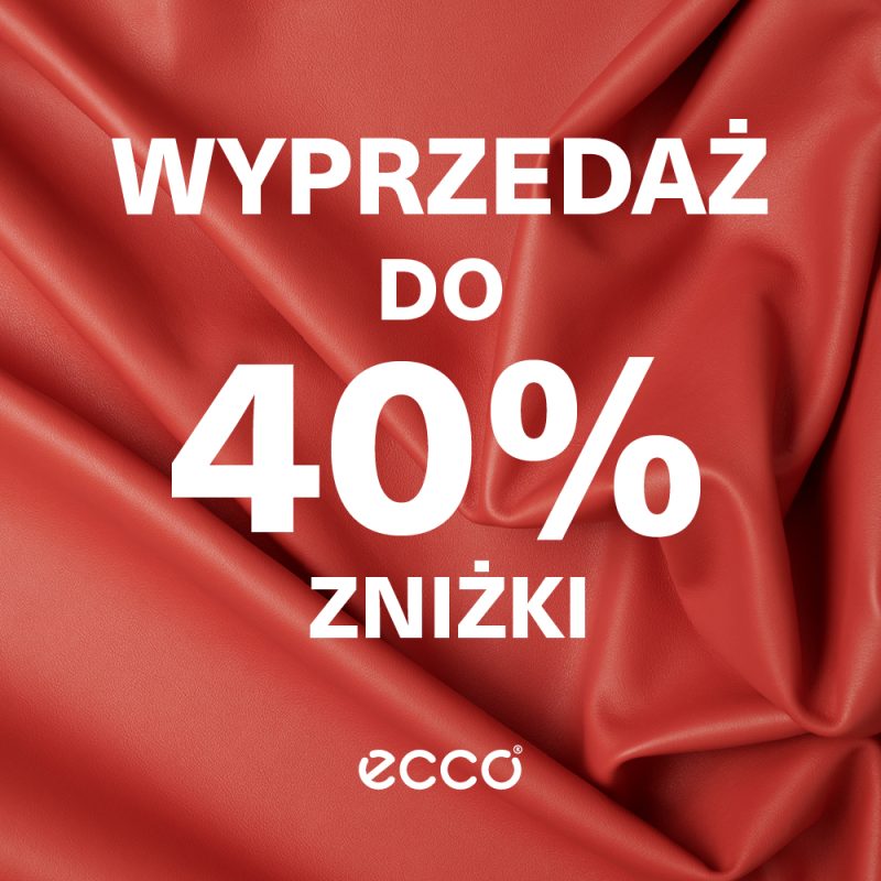 Grafika reklamowa ma minimalistyczny styl z jasnym, białym tekstem informującym o zniżkach sięgających do 40%. Całość napisu oraz logo Ecco zostały wyeksponowane na tle miękko układającej się skóry w kolorze głębokiej czerwieni.