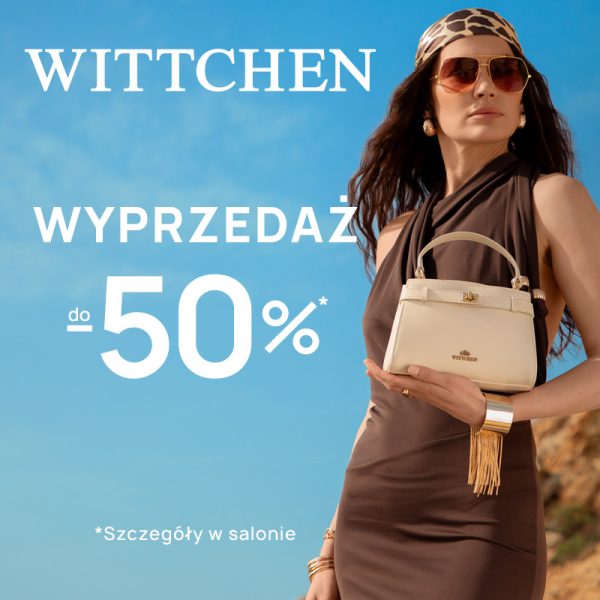 Zdjęcie promocyjne marki Wittchen, przestawiające kobietę, trzymającą torebkę. Na zdjęciu informacja o wyprzedaży -50%.