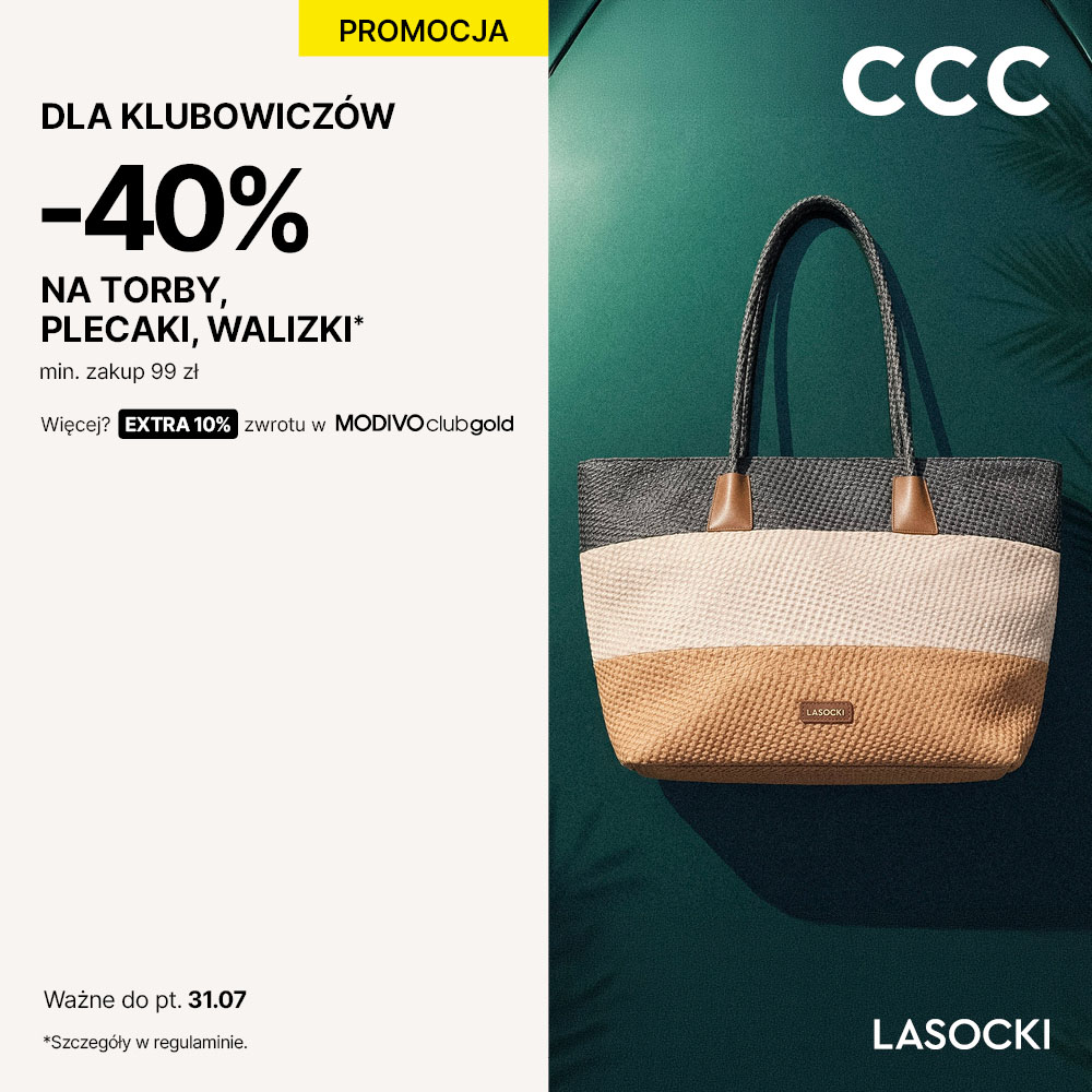 Plakat reklamowy marki CCC przedstawia trójkolorową, plecioną torbę marki Lasocki na ciemnozielonym tle z motywem liści palmowych. Po lewej stronie, na jasnym tle, umieszczono czarne napisy informujące o promocji „-40% NA TORBY, PLECAKI, WALIZKI” dla klubowiczów oraz logo marki CCC i Lasocki.