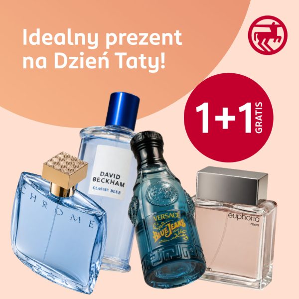 Grafika reklamowa eksponuje ofertę zapachów dla mężczyzn przygotowaną z okazji Dnia Ojca. Centralnym elementem kompozycji jest wyraźny, czerwony znak informujący o promocji typu „kup jeden, drugi odbierz gratis”, uzupełniony o charakterystyczny logotyp Rossmanna.