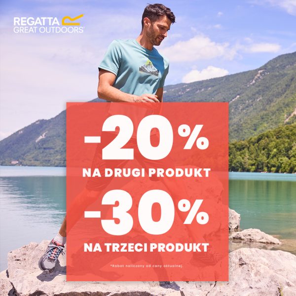 Grafika promocyjna salonu Ragatta informująca o promocji -20% na drugi produkt, -30% na trzeci produkt.