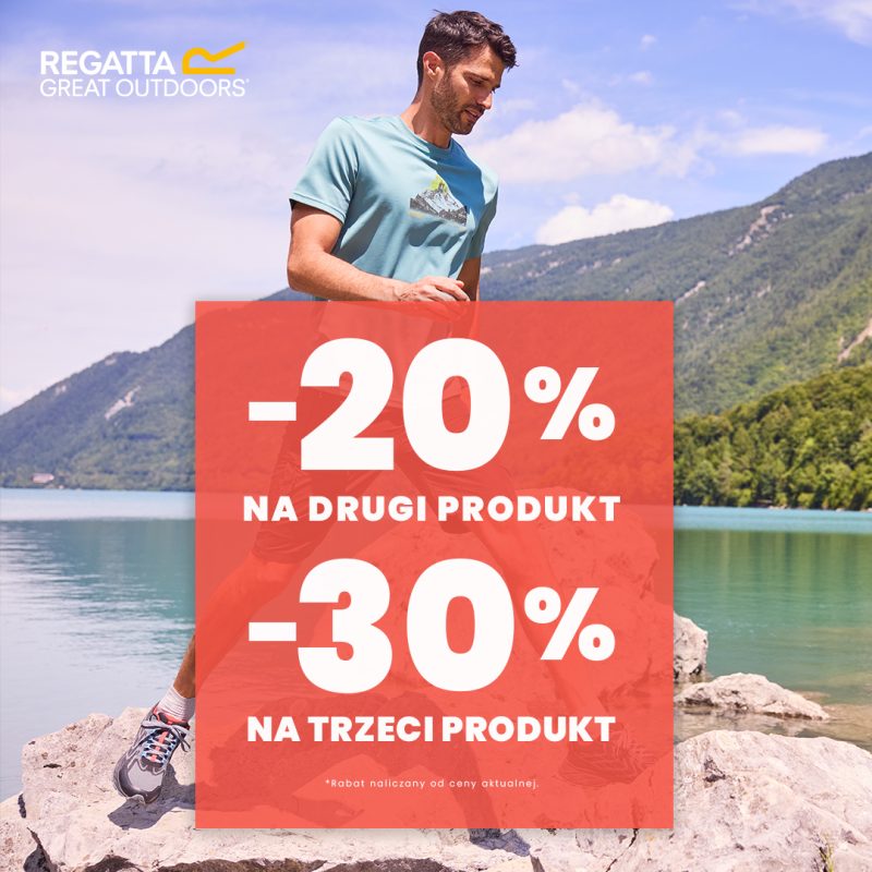 Grafika promocyjna salonu Ragatta informująca o promocji -20% na drugi produkt, -30% na trzeci produkt.