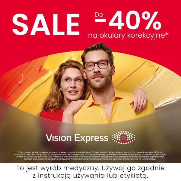 Plakat promocyjny salonu Vision Express przedstawia kobietę i mężczyznę w okularach korekcyjnych na tle kolorowych pociągnięć pędzla. U góry, na czerwonym tle, widnieje duży napis informujący o wyprzedaży „SALE do -40% na okulary korekcyjne”.