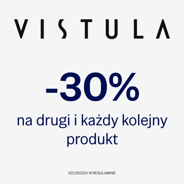Grafika informująca o akcji promocyjnej w salonie Vistula w galerii handlowej Echo w Kielcach. Rabat 30% na drugi i każdy kolejny produkt w koszyku.