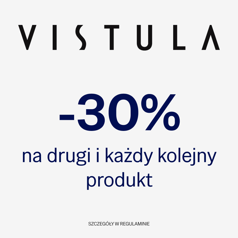Grafika informująca o akcji promocyjnej w salonie Vistula w galerii handlowej Echo w Kielcach. Rabat 30% na drugi i każdy kolejny produkt w koszyku.