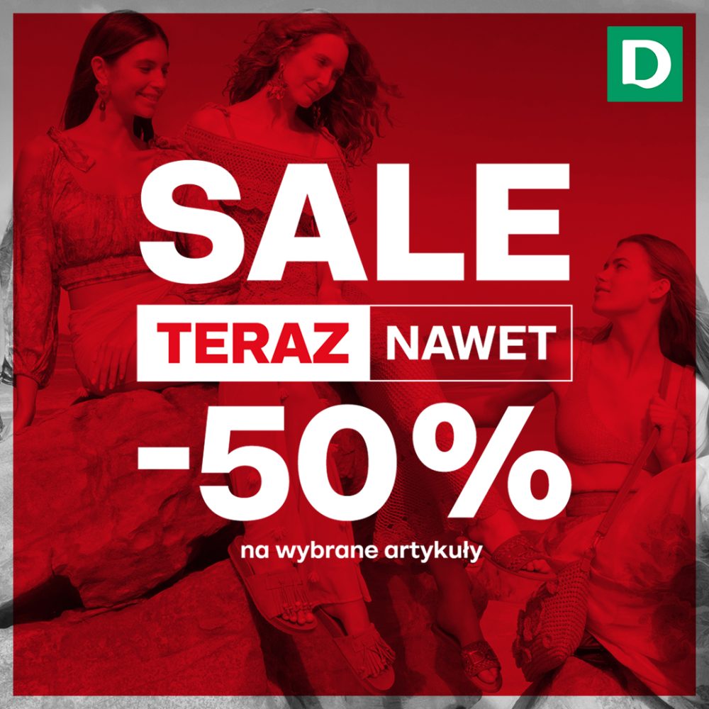 Grafika promocyjna marki Deichmann informująca o wyprzedaży do -50%.