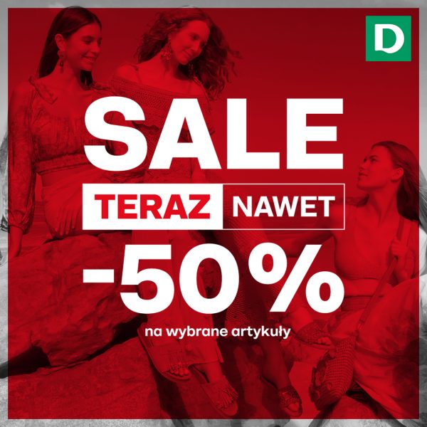 Grafika promocyjna marki Deichmann informująca o wyprzedaży do -50%.