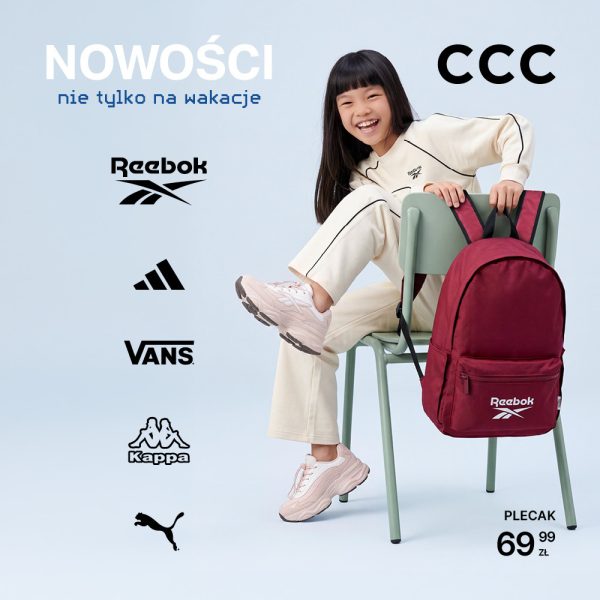 Promocja nowości w CCC – dziewczynka w białym dresie prezentuje sportowy plecak Reebok oraz obuwie, obok widoczne logotypy popularnych marek.