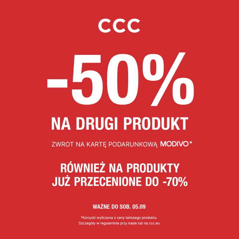 Grafika promocyjna sklepu CCC na czerwonym tle. Na środku widnieje informacja o promocji „-50% na drugi produkt” w formie zwrotu na kartę podarunkową MODIVO. Oferta obejmuje również produkty już przecenione do -70% i obowiązuje do soboty, 5 września. Na dole znajdują się informacje o regulaminie promocji.