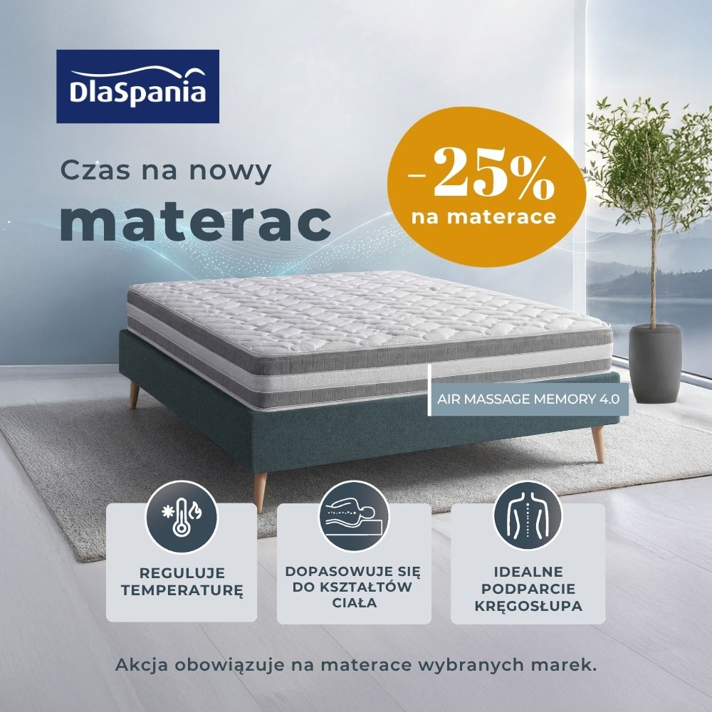 Grafika reklamowa salonu DlaSpania informuje o promocji „-25% na materace” wybranych marek pod hasłem „Czas na nowy materac”. Na zdjęciu przedstawiono materac „Air Massage Memory 4.0” na łóżku w jasnym sypialnianym wnętrzu, a poniżej umieszczono ikony wyróżniające jego główne zalety: regulację temperatury, dopasowanie do kształtów ciała oraz idealne podparcie kręgosłupa.