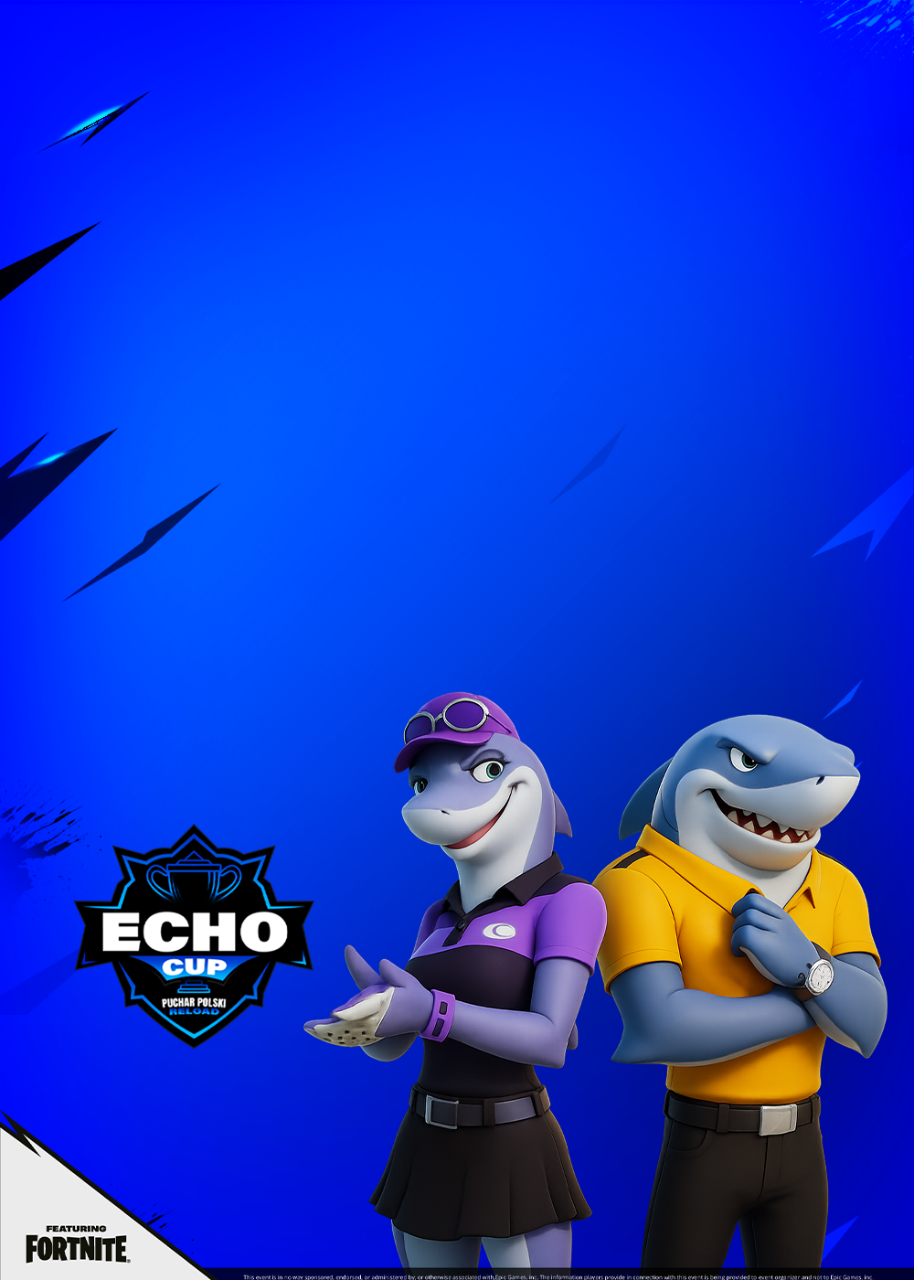 Grafika na jasnoniebieskim tle ukazująca postacie z gry Fortnite – dwa rekiny w ubraniach golfowych pozujące obok siebie. Po lewej stronie umieszczono logotypy wydarzenia „Echo Cup” oraz gry Fortnite.