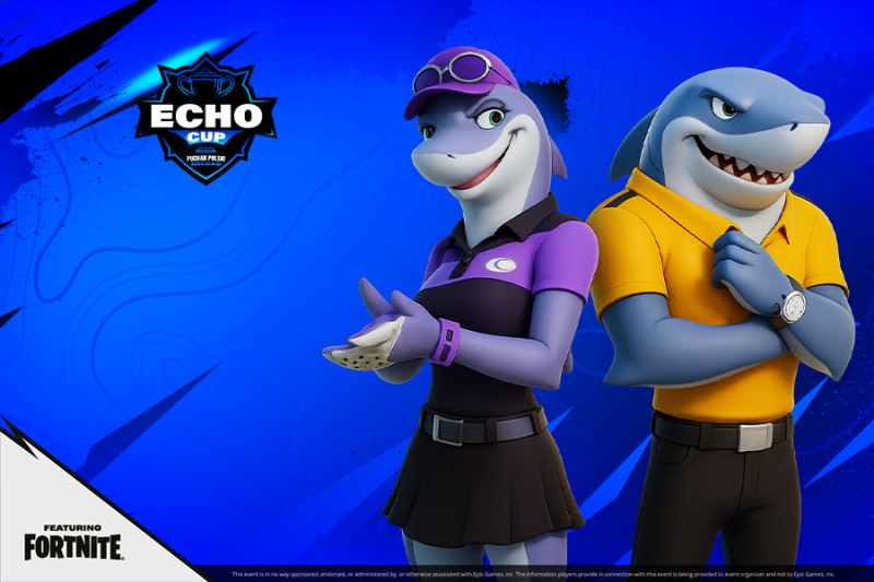 Grafika promuje turniej e-sportowy „Echo Cup” w grze Fortnite, przedstawiając dwie animowane postaci rekinów w strojach sportowych na niebieskim tle. Po lewej stronie widoczne jest logo wydarzenia oraz oficjalne logotypy turnieju i gry Fortnite.