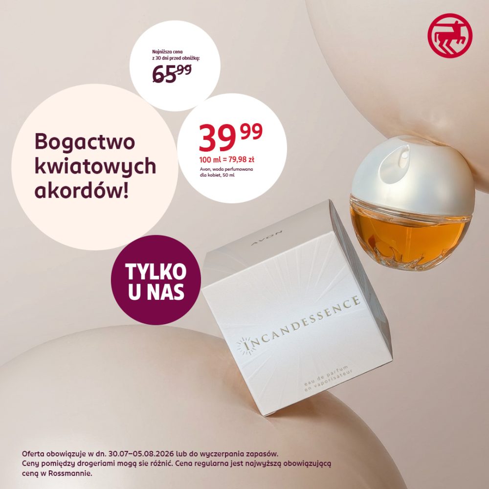 Plakat promocyjny drogerii Rossmann na beżowo-pastelowym tle z elementami kuli. Po prawej stronie widać flakonik i pudełko wody perfumowanej Avon Incandessence 50 ml. Po lewej stronie w białym kółku napis Bogactwo kwiatowych akordów!, wyżej informacja o najniższej cenie z 30 dni przed obniżką: 65,99 zł, a w centralnym kółku duża czerwona cena 39,99 zł (100 ml = 79,98 zł). Po lewej bordowe kółko z napisem TYLKO U NAS. W prawym górnym rogu czerwone logo Rossmanna.