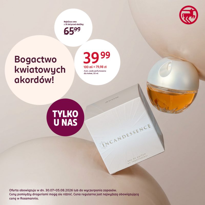 Plakat promocyjny drogerii Rossmann na beżowo-pastelowym tle z elementami kuli. Po prawej stronie widać flakonik i pudełko wody perfumowanej Avon Incandessence 50 ml. Po lewej stronie w białym kółku napis Bogactwo kwiatowych akordów!, wyżej informacja o najniższej cenie z 30 dni przed obniżką: 65,99 zł, a w centralnym kółku duża czerwona cena 39,99 zł (100 ml = 79,98 zł). Po lewej bordowe kółko z napisem TYLKO U NAS. W prawym górnym rogu czerwone logo Rossmanna.