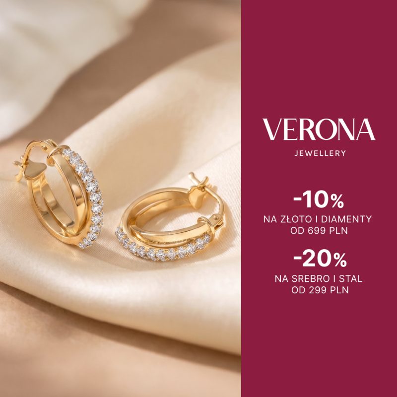 Plakat promocyjny akcji Summer Deal w salonie Verona w Galerii Echo. Po lewej stronie widać bliskie ujęcie eleganckich, błyszczących złotych kolczyków z osadzonymi kamieniami, spoczywających na kremowym, satynowym materiale. Po prawej stronie umieszczono bordowe tło z białym logo VERONA JEWELLERY oraz informacjami o rabatach: -10% NA ZŁOTO I DIAMENTY OD 699 PLN oraz -20% NA SREBRO I STAL OD 299 PLN.