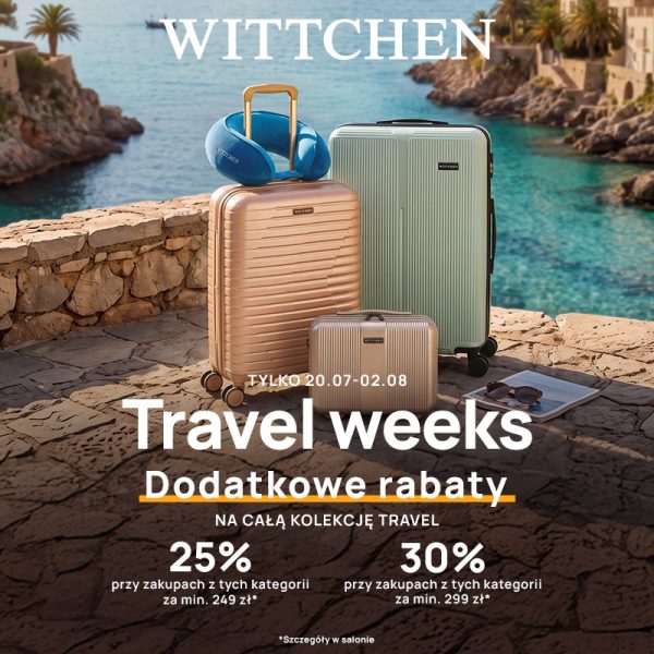 Plakat promocyjny akcji Travel Weeks w salonie Wittchen w Galerii Echo. Na kamiennym tarasie z widokiem na turkusowe morze i skarpę ustawiono różowo-złotą i miętową walizkę, twardy kufer oraz niebieską poduszkę podróżną. Na grafice znajdują się białe i żółte napisy: Travel weeks Dodatkowe rabaty NA CAŁĄ KOLEKCJĘ TRAVEL oraz szczegóły proprogów rabatowych 25% i 30%. U góry widnieje białe logo WITTCHEN.