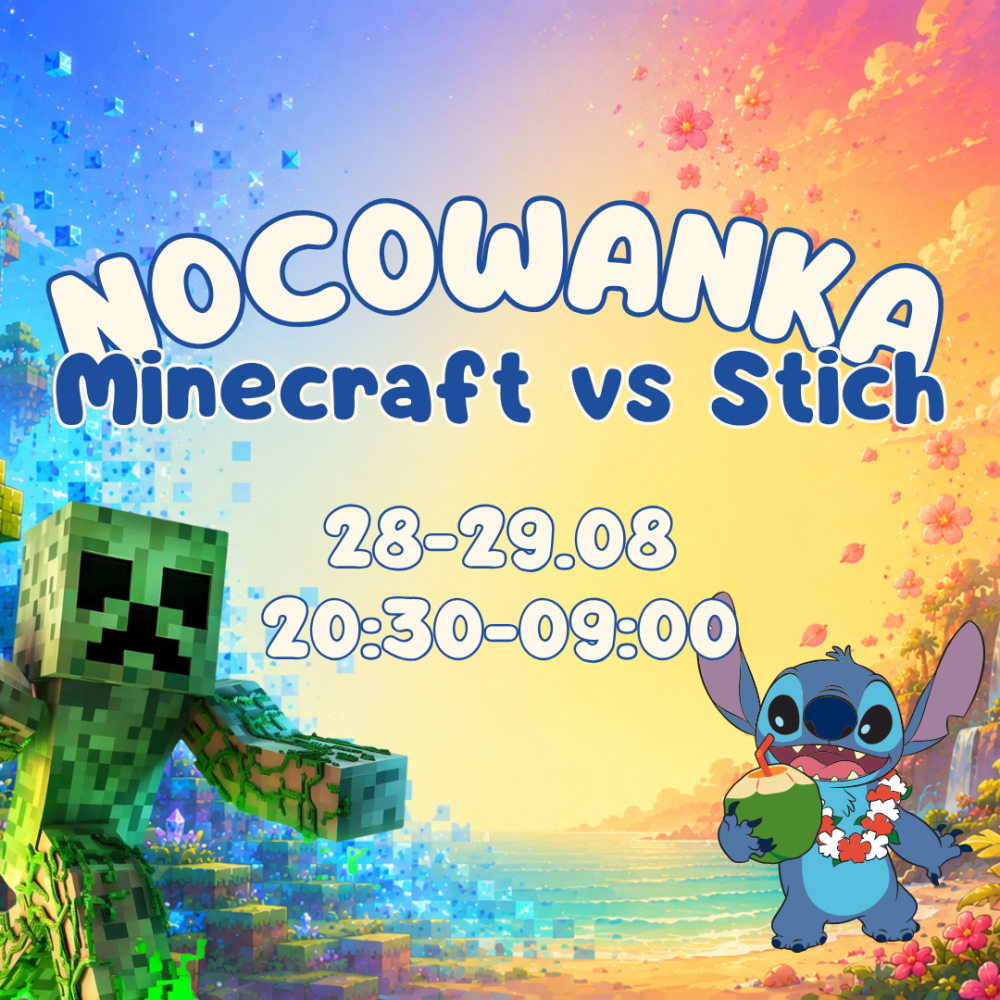 Grafika reklamowa parku rozrywki Happy Jumper informuje o wydarzeniu „Nocowanka Minecraft vs Stich”, które odbędzie się w dniach 28–29 sierpnia od godziny 20:30 do 9:00. Kolorowe tło przedstawia motywy z obu uniwersów – po lewej stronie znajduje się pikselowy Creeper z Minecrafta, natomiast po prawej uśmiechnięty Stich pijący z kokosa na tropikalnej plaży.