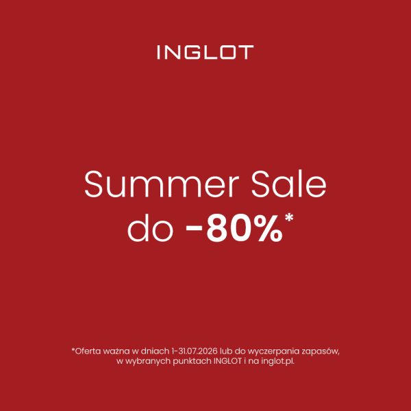 Grafika reklamowa marki Inglot informuje o letniej wyprzedaży pod hasłem „Summer Sale do -80%”. Na jednolitym, ciemnoczerwonym tle umieszczono białe napisy oraz informację na dole, że oferta obowiązuje w dniach 1–31.07.2026 roku lub do wyczerpania zapasów.