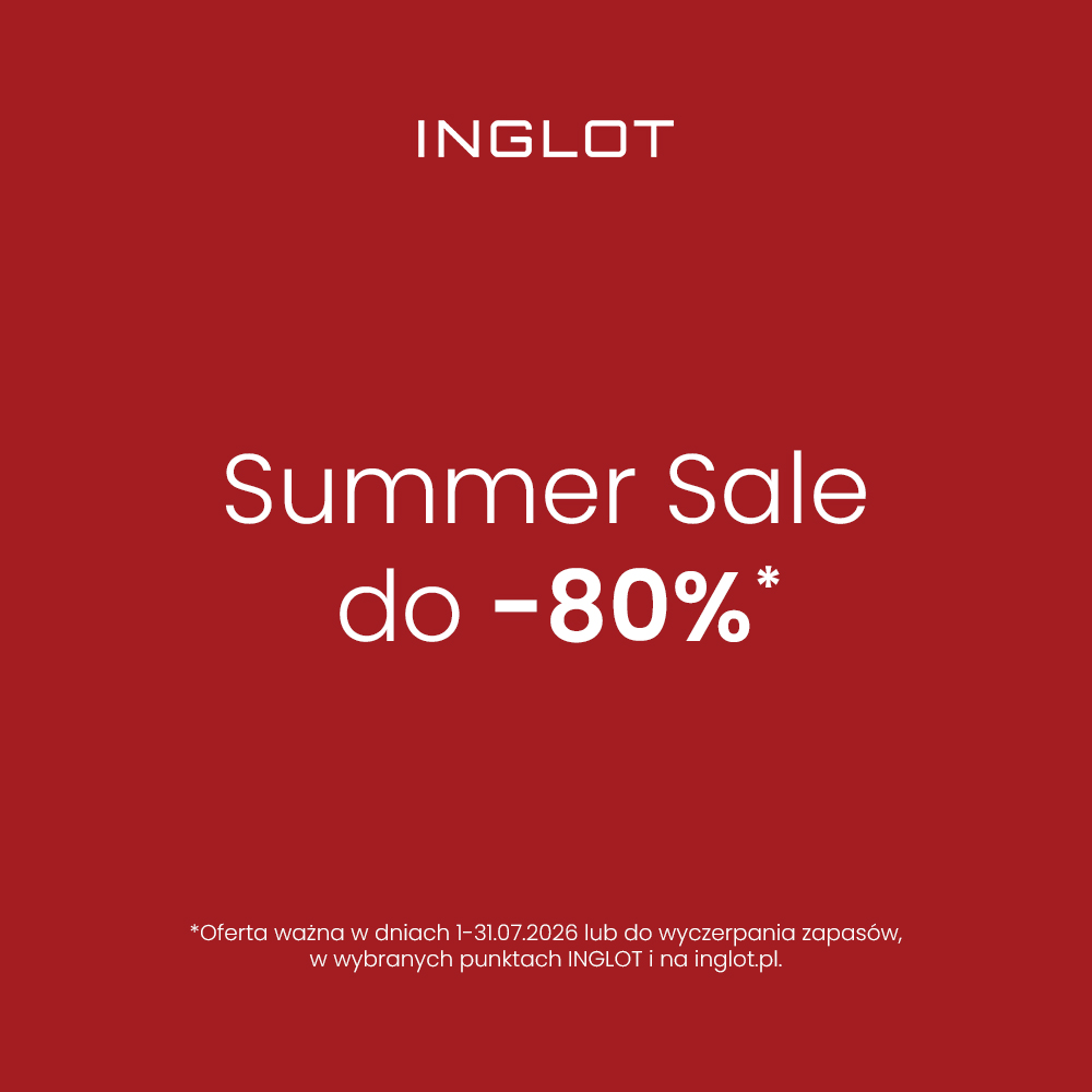 Grafika reklamowa marki Inglot informuje o letniej wyprzedaży pod hasłem „Summer Sale do -80%”. Na jednolitym, ciemnoczerwonym tle umieszczono białe napisy oraz informację na dole, że oferta obowiązuje w dniach 1–31.07.2026 roku lub do wyczerpania zapasów.