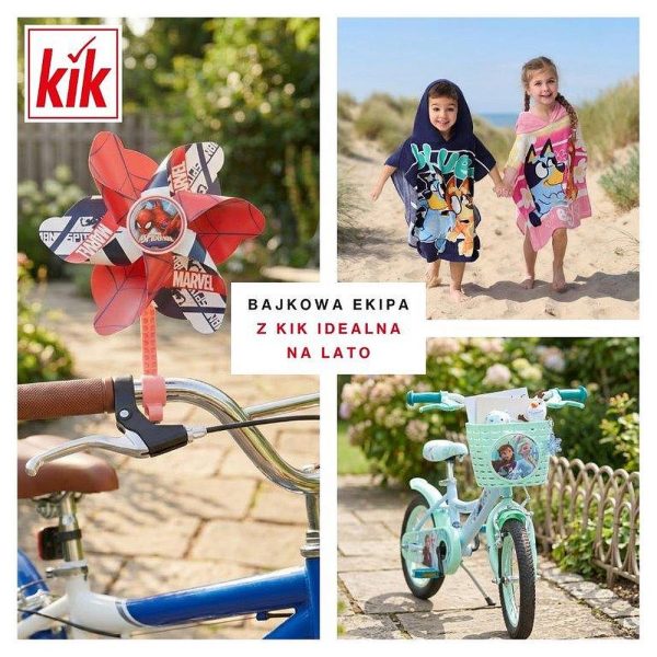 Kolaż promocyjny KiK z letnią kolekcją dla dzieci. Na zdjęciach widać kolorowy wiatraczek z motywem Marvel na kierownicy roweru, dwoje dzieci w plażowych ponczach z bajkowymi postaciami oraz dziecięcy rower z motywem Krainy Lodu. W centrum znajduje się napis: „Bajkowa ekipa z KiK idealna na lato”.