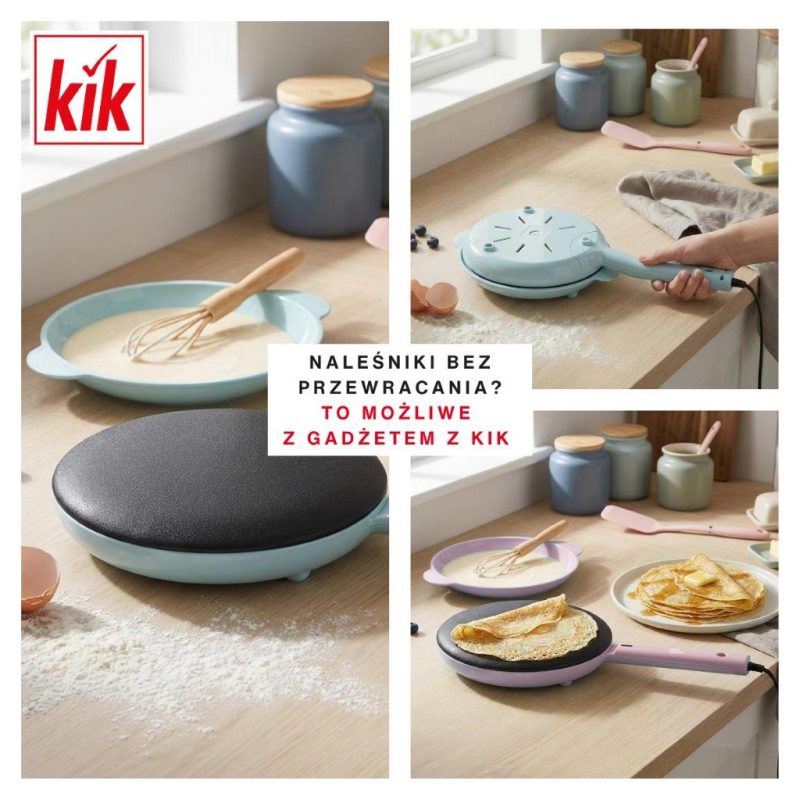Grafika promocyjna sklepu KiK przedstawiająca elektryczną naleśnikarkę w pastelowych kolorach podczas przygotowywania naleśników. Na kolażu widoczne są etapy pieczenia – miska z ciastem, urządzenie zanurzane w cieście oraz gotowe naleśniki na talerzu. Na środku umieszczono hasło: „Naleśniki bez przewracania? To możliwe z gadżetem z KiK”.