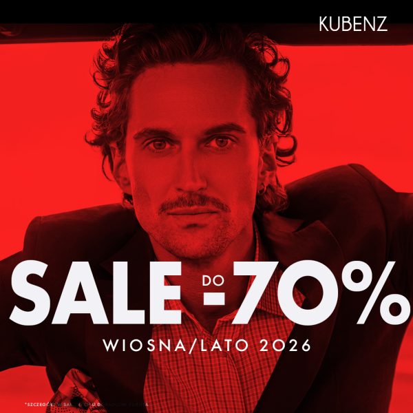 Grafika promocyjna KUBENZ przedstawiająca mężczyznę w marynarce oraz informację o wyprzedaży kolekcji wiosna/lato z rabatami do 70%.