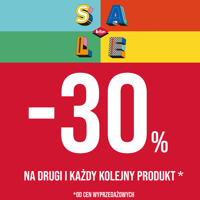 Grafika promocyjna marki Lee Cooper przedstawia kolorowe kwadraty w górnej części z trójwymiarowym napisem „SALE” oraz logo marki. W dolnej części, na czerwonym tle, umieszczono duży biały napis „-30% NA DRUGI I KAŻDY KOLEJNY PRODUKT*” z dopiskiem, że rabat naliczany jest od cen wyprzedażowych.