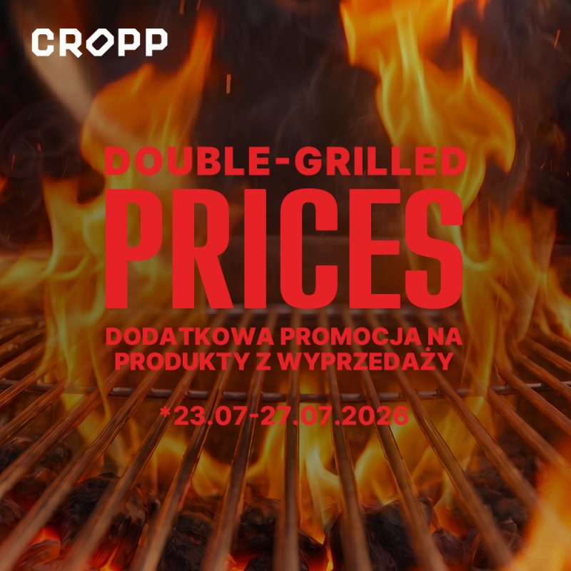 Grafika promocyjna sklepu Cropp z hasłem „Double-Grilled Prices”. Na tle rozgrzanego grilla i płomieni znajduje się informacja o dodatkowej promocji na produkty z wyprzedaży, obowiązującej w dniach 23–27.07.2026.