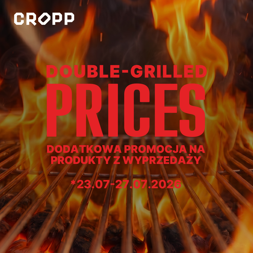 Grafika promocyjna sklepu Cropp z hasłem „Double-Grilled Prices”. Na tle rozgrzanego grilla i płomieni znajduje się informacja o dodatkowej promocji na produkty z wyprzedaży, obowiązującej w dniach 23–27.07.2026.