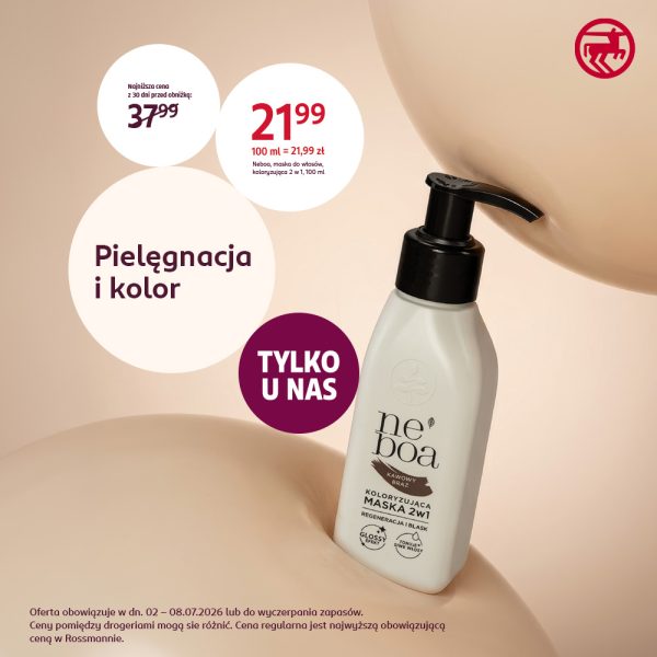 Grafika reklamowa drogerii Rossmann prezentuje ofertę promocyjną na maskę koloryzującą do włosów 2w1 marki Neboa w cenie 21,99 zł zamiast 37,99 zł. Produkt o odcieniu „kawowy brąz” umieszczony jest na jasnobeżowym tle, a obok niego znajdują się hasła „Pielęgnacja i kolor” oraz „TYLKO U NAS”.