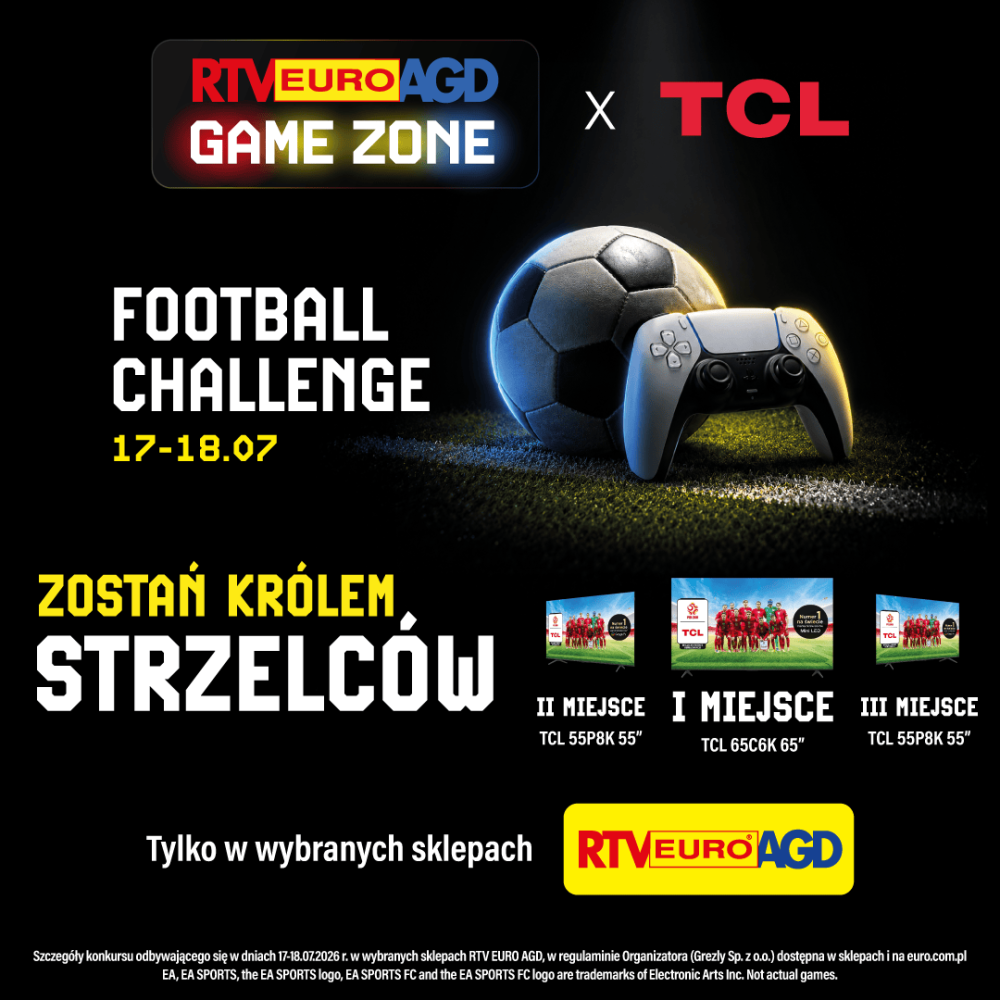 Grafika reklamuje wydarzenie „Football Challenge” organizowane przez RTV EURO AGD Game Zone i TCL, przedstawiając piłkę nożną oraz kontroler do konsoli na ciemnym tle. Na plakacie widoczne są informacje o nagrodach w postaci telewizorów TCL za zajęcie pierwszych trzech miejsc, hasło „Zostań królem strzelców” oraz logotypy organizatorów.