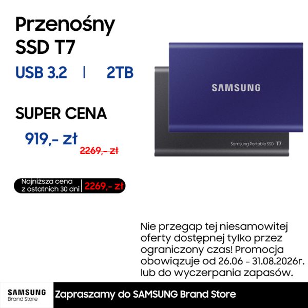 Grafika reklamowa Samsung Brand Store przedstawia dwa przenośne dyski SSD T7 – niebieski i szary. Po lewej stronie umieszczono szczegóły promocji, w tym specyfikację „USB 3.2 | 2TB” oraz obniżoną cenę 919 zł wraz z logotypem sklepu u dołu.