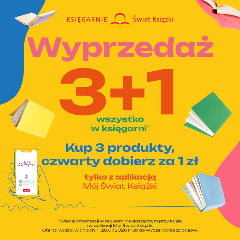 Grafika reklamowa księgarni Świat Książki informuje o wyprzedaży w formule „3+1”, gdzie przy zakupie trzech produktów czwarty można dobrać za 1 zł z aplikacją „Mój Świat Książki”. Na żółtym tle z kolorowymi ilustracjami otwartych książek podano informację, że oferta obowiązuje od 1 do 28 lipca 2026 roku.