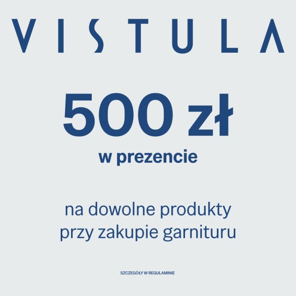Grafika promocyjna marki Vistula z informacją o prezencie o wartości 500 zł przy zakupie garnituru. Na jasnym tle umieszczono granatowy napis informujący, że kwotę można wykorzystać na dowolne produkty.
