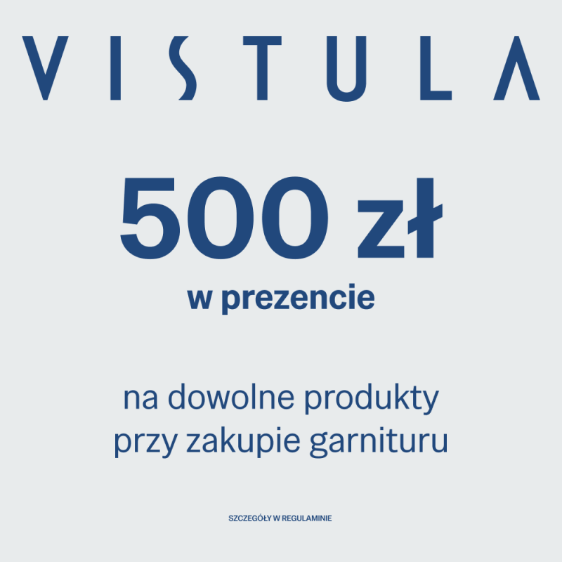 Grafika promocyjna marki Vistula z informacją o prezencie o wartości 500 zł przy zakupie garnituru. Na jasnym tle umieszczono granatowy napis informujący, że kwotę można wykorzystać na dowolne produkty.