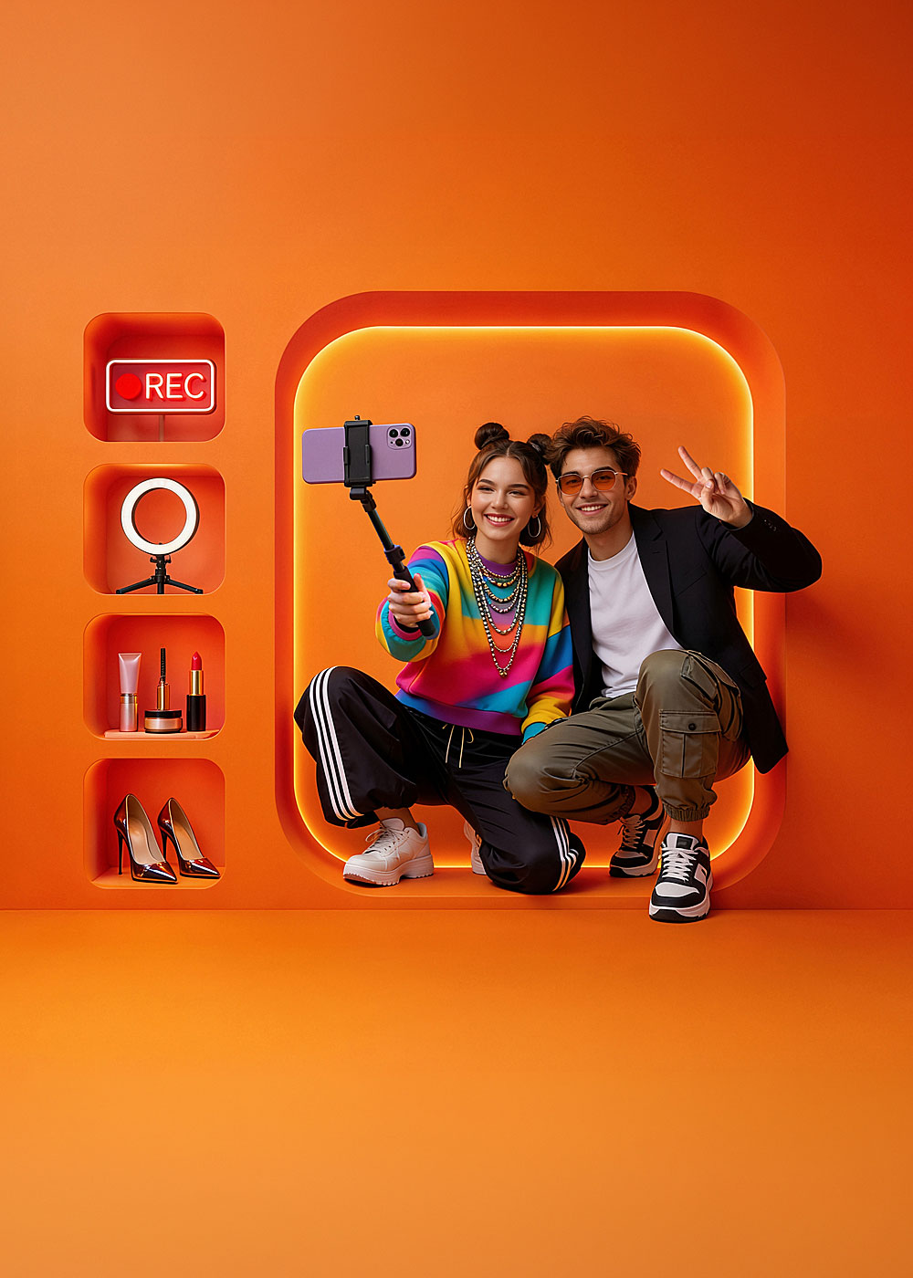 Para influencerów robi zdjęcie telefonem na tle jaskrawopomarańczowej ściany z podświetlaną wnęką. W pionowych niszach obok umieszczono sprzęt do nagrywania, kosmetyki do makijażu oraz szpilki.