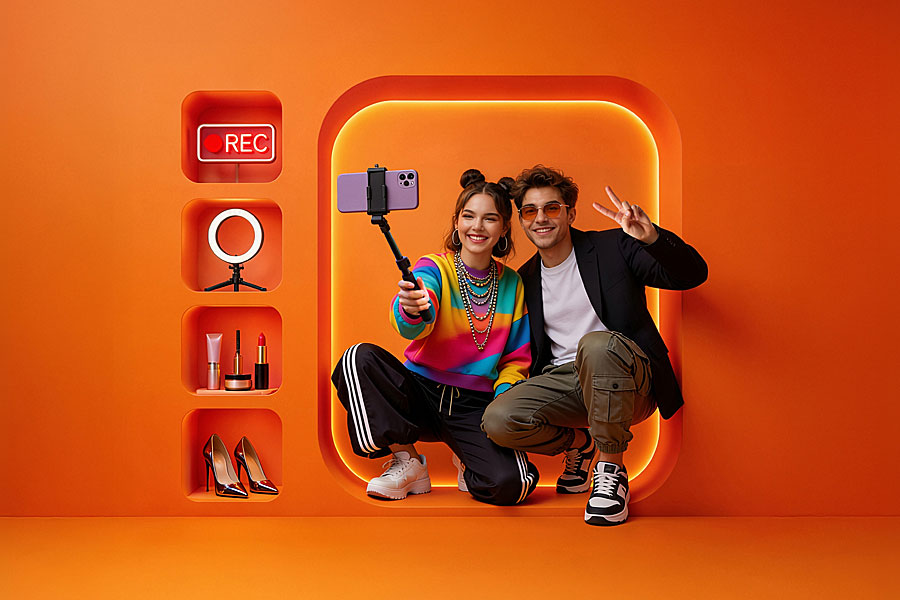Dwie uśmiechnięte osoby pozują do wspólnego zdjęcia smartfonem zamocowanym na kijku do selfie w pomarańczowej, nowoczesnej przestrzeni. Obok nich znajdują się wnęki z akcesoriami wideo oraz produktami kosmetycznymi i modowymi.