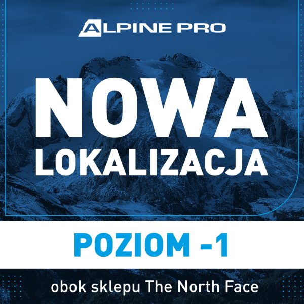 Grafika informująca o nowej lokalizacji sklepu Alpine Pro na tle ośnieżonych szczytów górskich w chłodnej, niebieskiej tonacji.