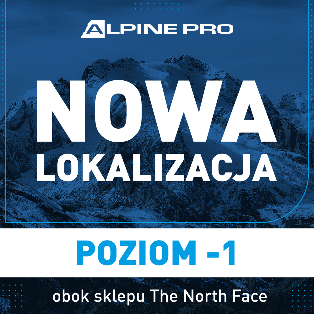 Grafika informująca o nowej lokalizacji sklepu Alpine Pro na tle ośnieżonych szczytów górskich w chłodnej, niebieskiej tonacji.