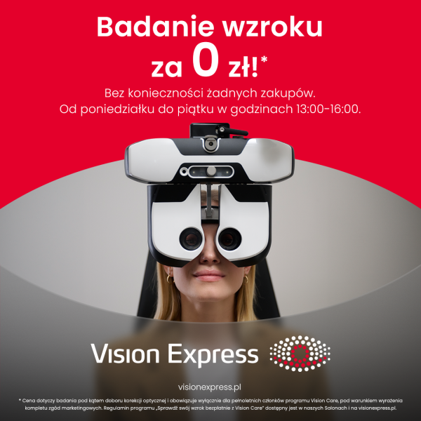 Baner promocyjny Vision Express informujący o badaniu wzroku za 0 zł, bez konieczności zakupów, od poniedziałku do piątku w godzinach 13:00–16:00. Na zdjęciu kobieta podczas badania wzroku za pomocą foroptera.