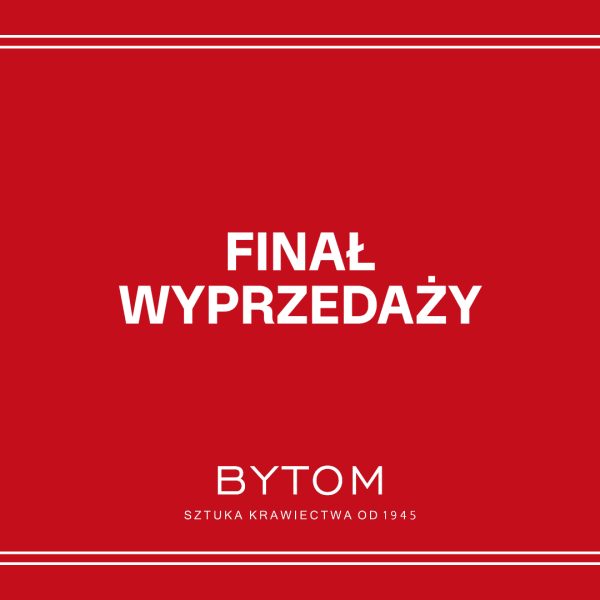 Grafika promocyjna marki Bytom ma intensywnie czerwone tło ujęte w cienkie, białe ramki u góry i na dole. Na środku umieszczono duży, biały napis „FINAŁ WYPRZEDAŻY” oraz logo marki z dopiskiem „SZTUKA KRAWIECTWA OD 1945”.