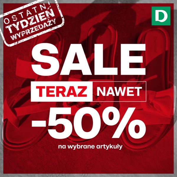Czerwona grafika promocyjna marki Deichmann przedstawia w tle letnie sandały i klapki. Na pierwszym planie umieszczono napisy informujące o ostatnim tygodniu wyprzedaży oraz rabacie do -50% na wybrane artykuły.