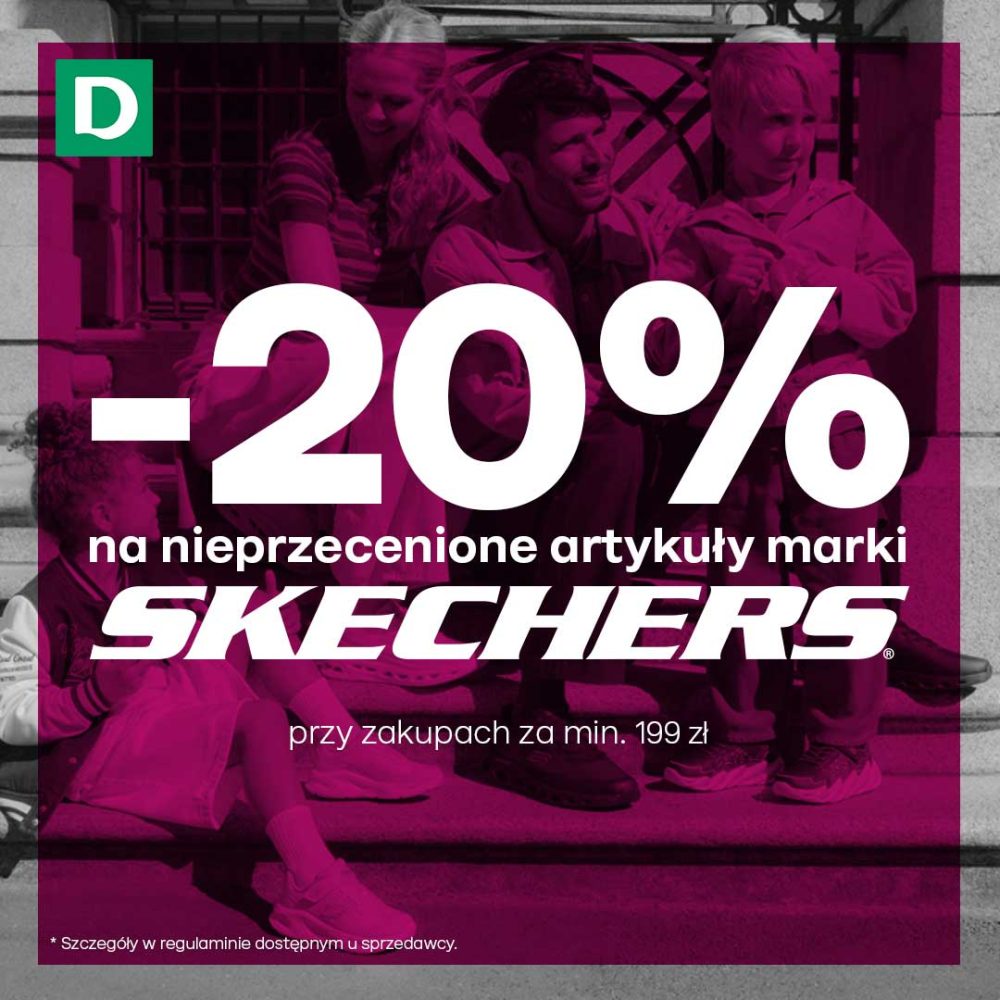 Grafika promocyjna sklepu Deichmann z fioletowym filtrem przedstawia rodzinę siedzącą na schodach oraz duży napis informujący o rabacie -20%. Promocja dotyczy nieprzecenionych artykułów marki Skechers przy zakupach za minimum 199 zł.
