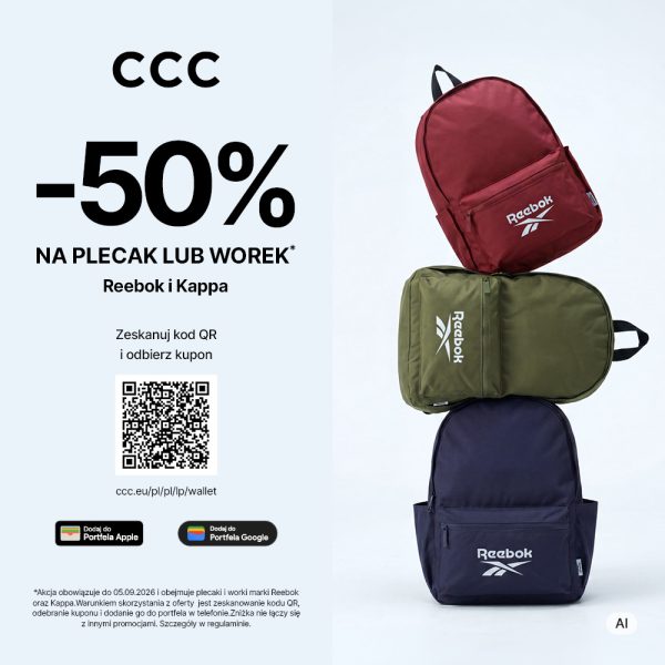 Kwadratowa grafika promocyjna sklepu CCC. Po lewej stronie widnieje czarne logo CCC, duży napis -50% NA PLECAK LUB WOREK Reebok i Kappa, kod QR z informacją Zeskanuj kod QR i odbierz kupon oraz ikony Dodaj do Portfela Apple i Portfela Google. Po prawej stronie widać trzy ułożone na sobie plecaki marki Reebok w kolorach bordowym, oliwkowym oraz granatowym.