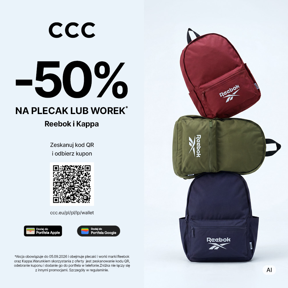 Kwadratowa grafika promocyjna sklepu CCC. Po lewej stronie widnieje czarne logo CCC, duży napis -50% NA PLECAK LUB WOREK Reebok i Kappa, kod QR z informacją Zeskanuj kod QR i odbierz kupon oraz ikony Dodaj do Portfela Apple i Portfela Google. Po prawej stronie widać trzy ułożone na sobie plecaki marki Reebok w kolorach bordowym, oliwkowym oraz granatowym.