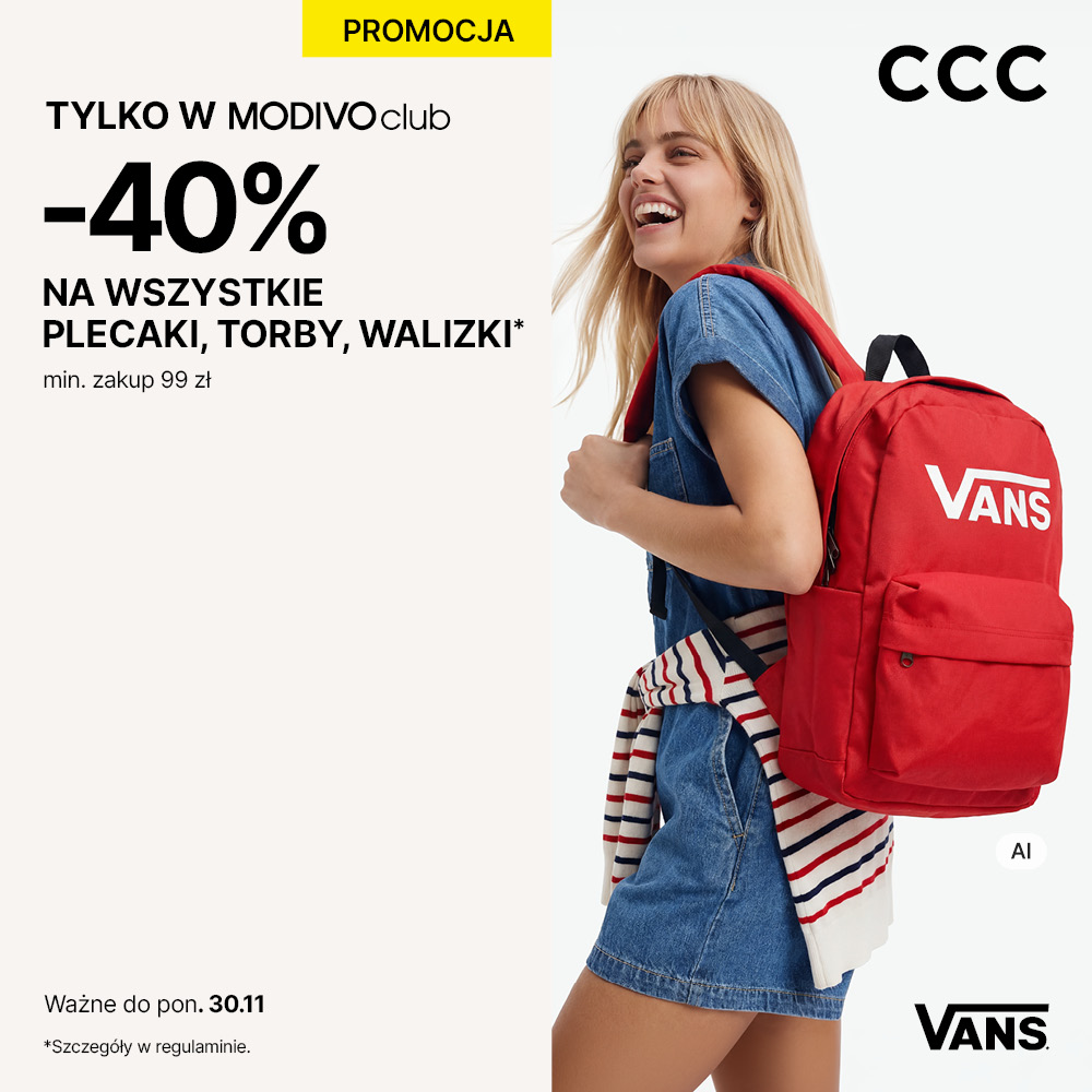 Plakat promocyjny CCC na jasnym tle. Po prawej stronie dziewczyna w sukience jeansowej uśmiecha się, trzymając czerwony plecak Vans. Po lewej stronie żółta etykieta PROMOCJA i napis TYLKO W MODIVOclub -40% NA WSZYSTKIE PLECAKI, TORBY, WALIZKI min. zakup 99 zł. W narożnikach logo CCC, logo Vans oraz data ważności do 30.11.