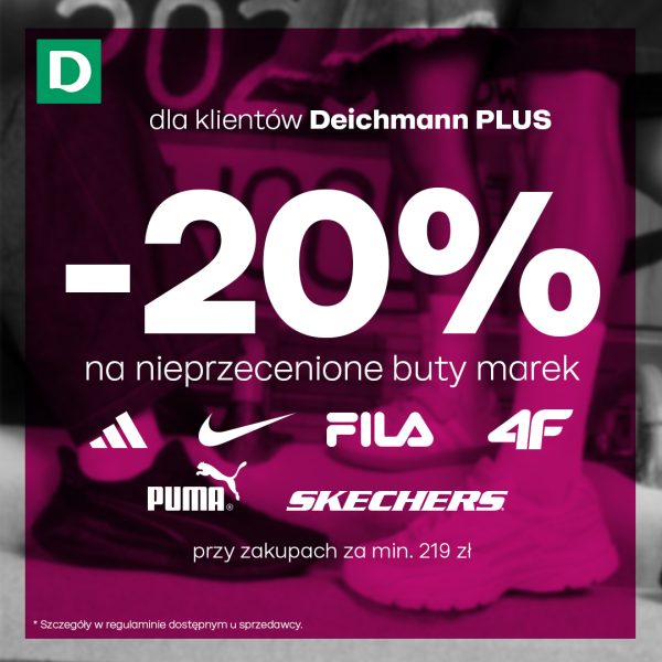 Kwadratowa grafika promocyjna sieci Deichmann w odcieniach purpury i fioletu z widocznymi butami sportowymi w tle. Na pierwszym planie umieszczono duży napis -20% na nieprzecenione buty marek oraz logotypy marek adidas, Nike, Fila, 4F, Puma i Skechers. Poniżej widnieje napis przy zakupach za min. 219 zł, a w górnym rogu zafalowane logo Deichmann oraz tekst dla klientów Deichmann PLUS.